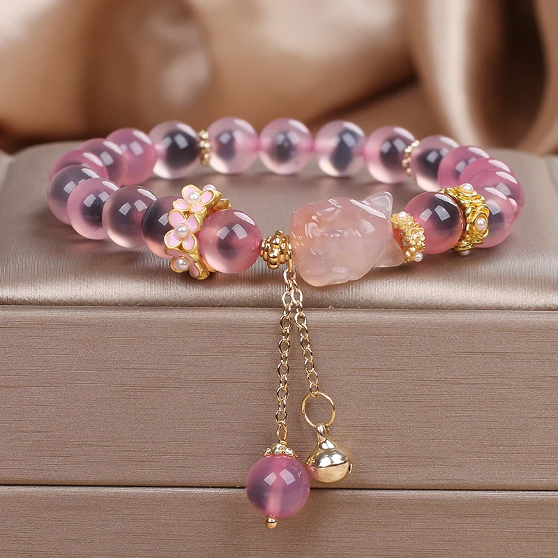 

Fashionable Agate Crystal Bracelets Women Adjustable Light Luxury Peach Blossom Beaded Bracelet Jewelry Gift for Girlfriends