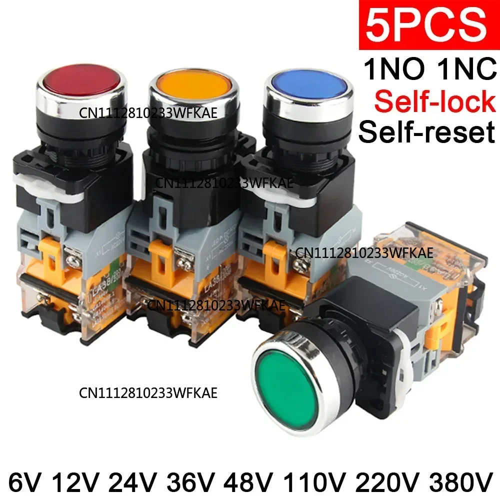 5pcs LA38-11D with Light Push Button Switch NO NC Momentary DC 12V 24V 36V AC 220V 380V Self-lock Self-reset LED Indicators 22mm