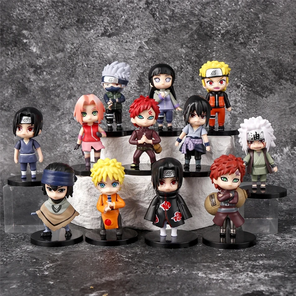 12 Stück Anime Naruto Whirlpool Naruto Flagge Moka Kakashi Haruno Sakura Stehende Figur Handgefertigtes PVC-Modell Anime-Zubehör Spielzeug