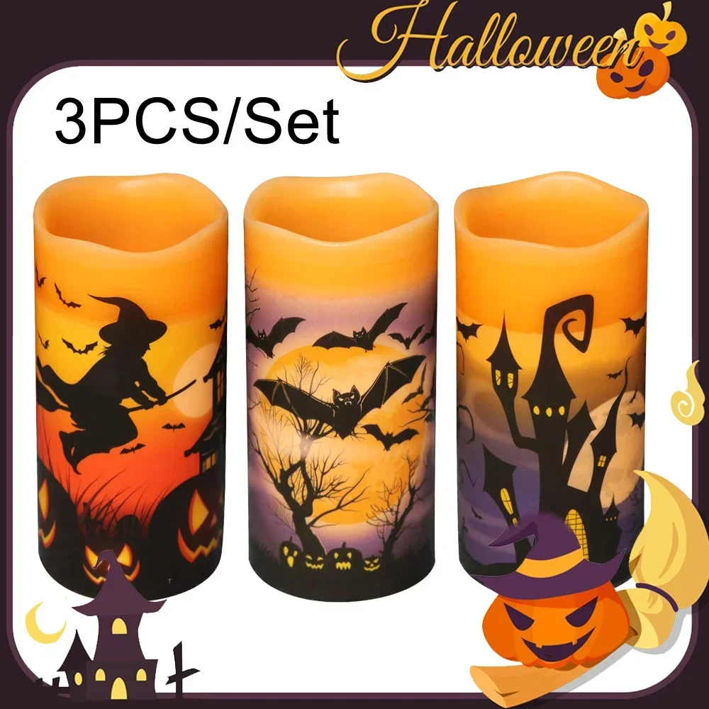 Flameless Flickering Candles Set of 3 Real Wax LED Pillar Candles Warm Light with Castle, Witch, Bats Decal Halloween Candles