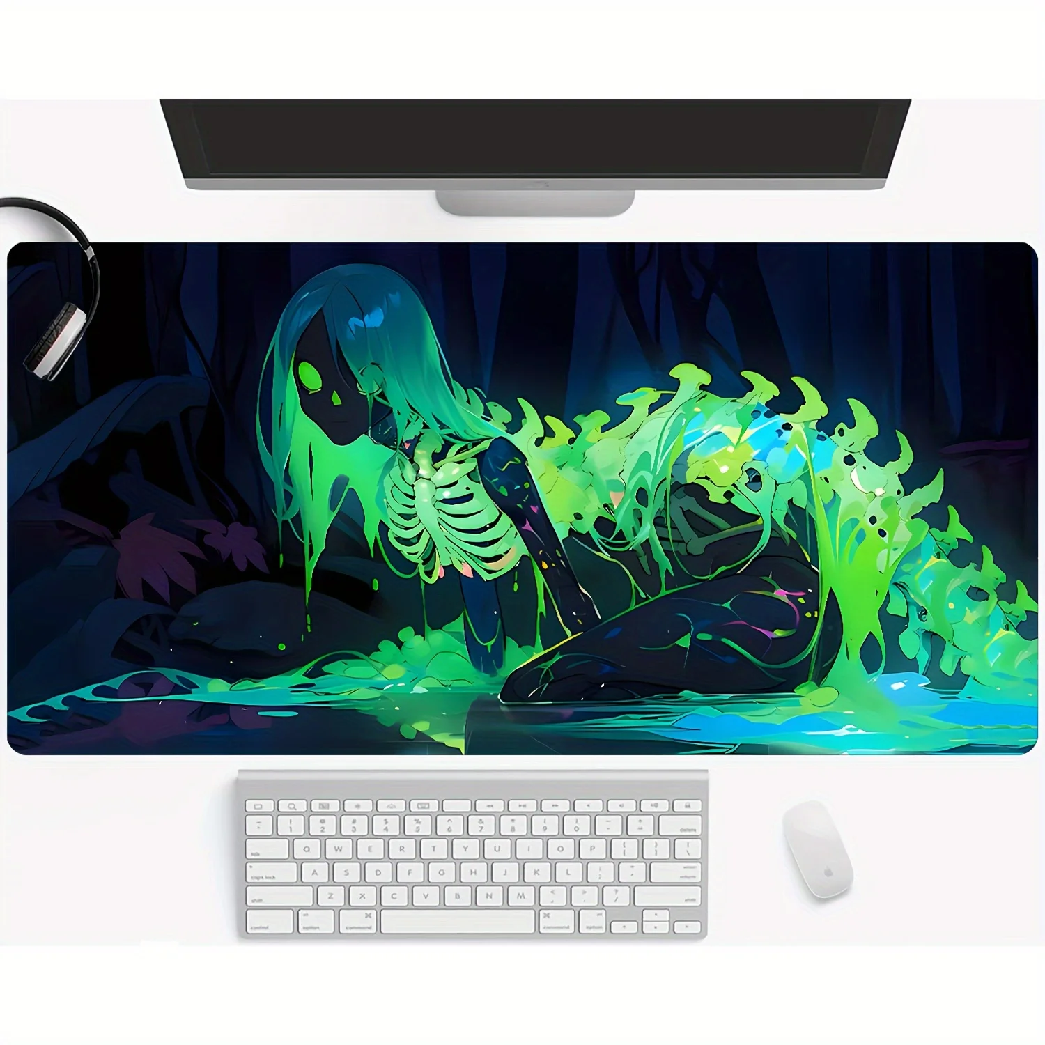 Neon Skeleton Witch Desk Mat Glowing Toxic Slime Gaming Mouse Pad Large Non-Slip Rubber