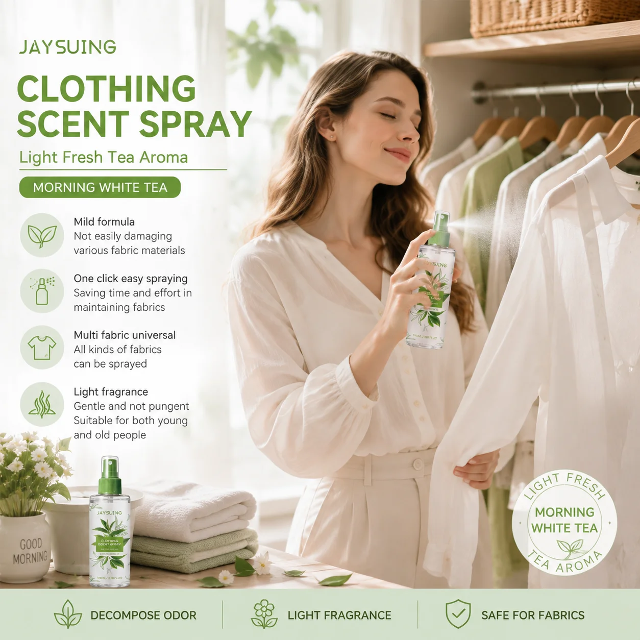 Jaysuing Clothing Scent Spray Remove Clothing Odor Removal Tobacco & Alcohol Smell  Non‑Pungent Fragrance Fabric Deodorizer