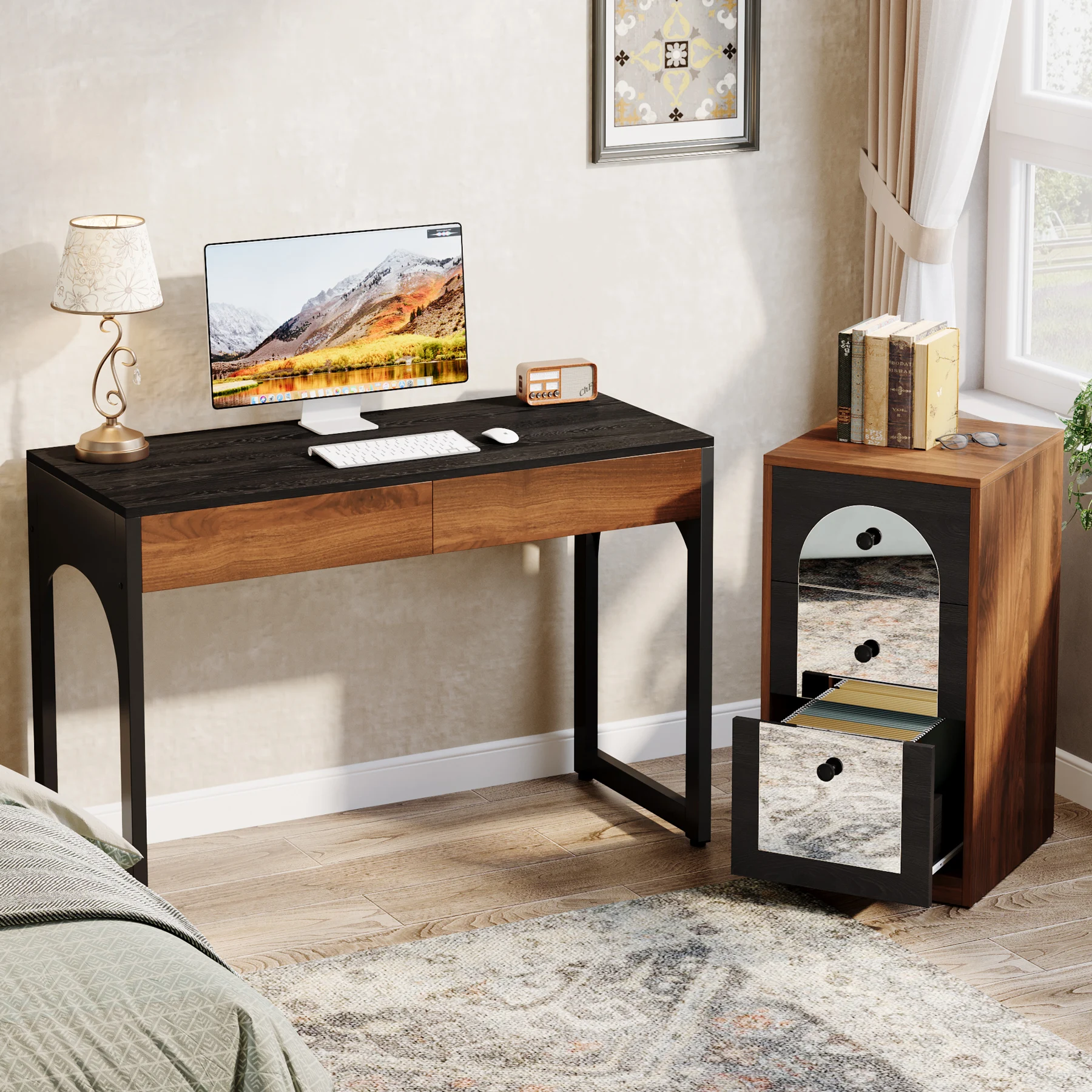 

we-For Tribesigns Shaped Writing Study Office Desk Computer Workstation with File Drawer Cabinet for Bedroom or Home Office#