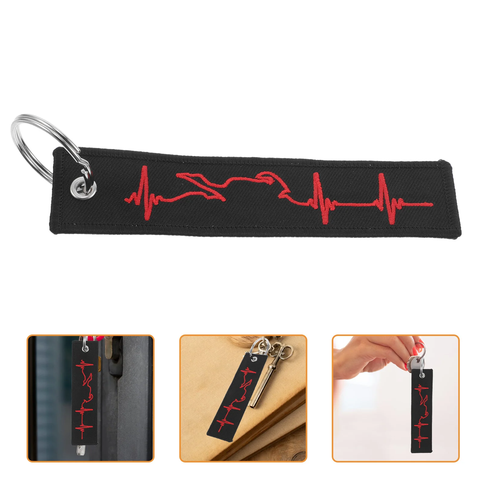 

Durable Polyester Red Electrocardiogram Keychain Stylish Embroidery Car Motorcycle Key Ring Accessory Keyrings for Car Keys