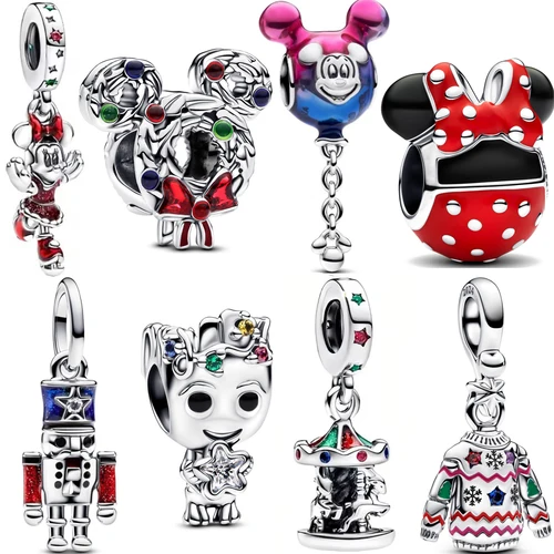 디즈니 크리스마스 참 빨간 에나멜 구슬 맞춤, 오리지널 판도라 팔찌, DIY 크리스마스 선물, 여성용 2024 새로운 컬렉션 시리즈 