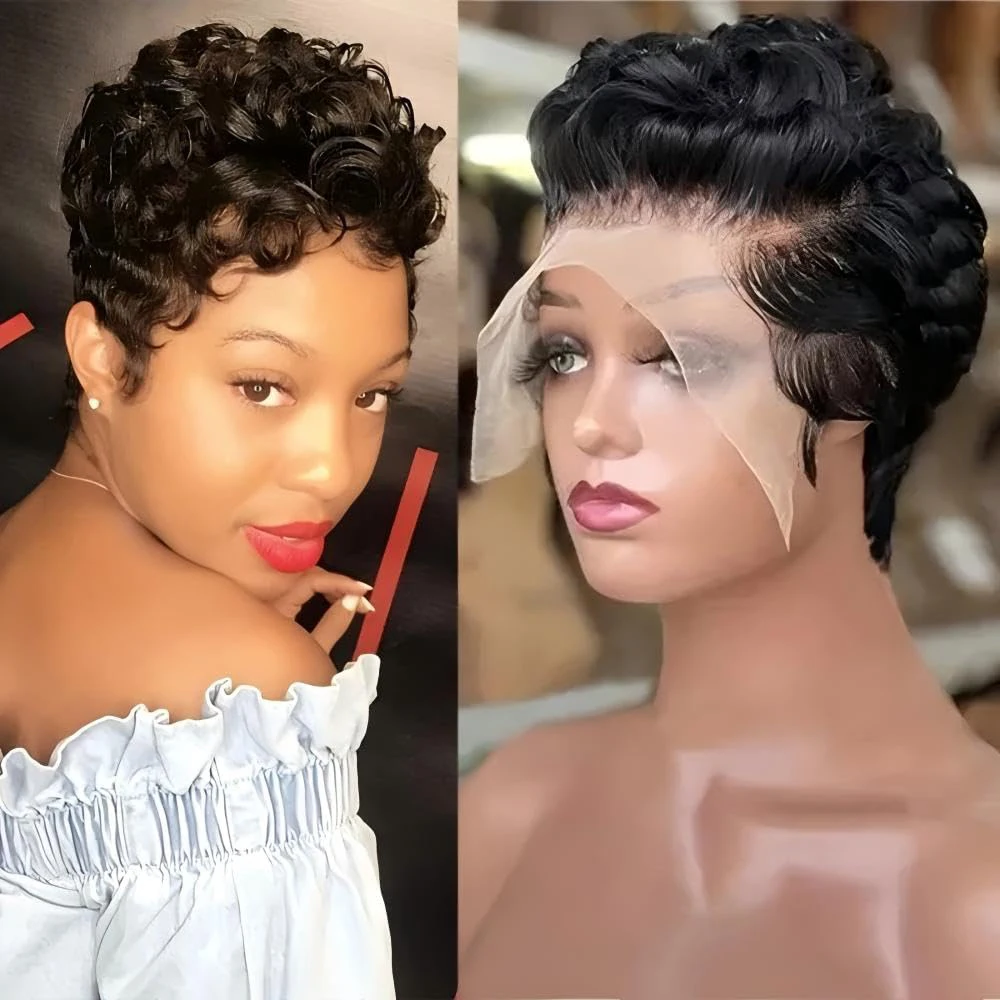 

Short Human Hair Wigs for Women Glueless Curly Pixie Cut Lace Front Wig Pre Plucked 13x4 Lace Front Wig with Baby Hair Natural Color
