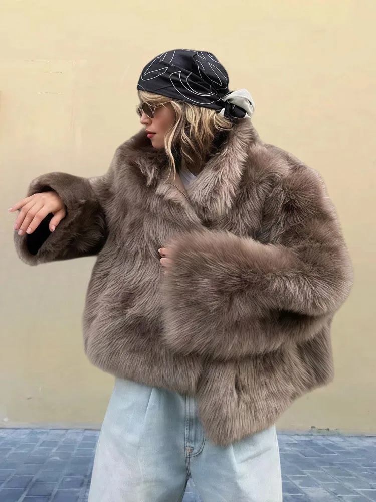 Retro Long Sleeved Fur Jacket for Women Solid Color Lapel Faux Fur Cardigan Tops Fashion Ccasual Thickened Warm Overcoat