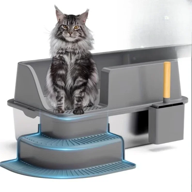 Semi-enclosed stainless steel cat litter box, oversized large-capacity splash-proof deodorizing cat toilet