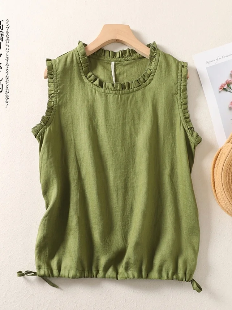 Gilet estivo in cotone e lino sottile da donna, top ampio con scanalatura, Dstring Bot, capispalla interno in legno vintage