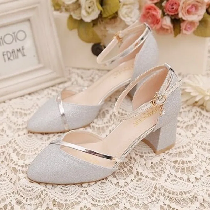 Women's Glitter Chunky Block Heel Pumps Ankle Strap with Rhinestone, Closed Pointed Toe Dress Shoes for Wedding Bridesmaid Party view 3
