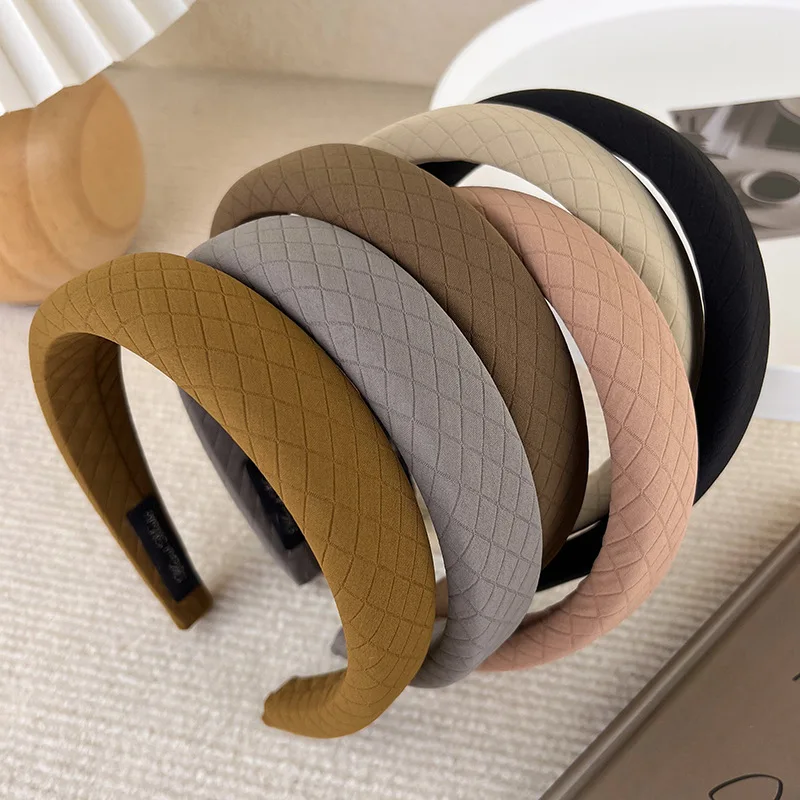 2023 New Korean Style Plaid Sponge Hairbands Wide Solid Color Headband Women Elegant Hair Hoop For Autumn Winter Hair Accesories