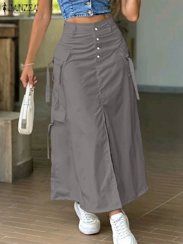 ZANZEA femmes vêtements de travail mode de rue taille haute jupes boutons poches avant fendu a-ligne jupes décontracté été longs bas