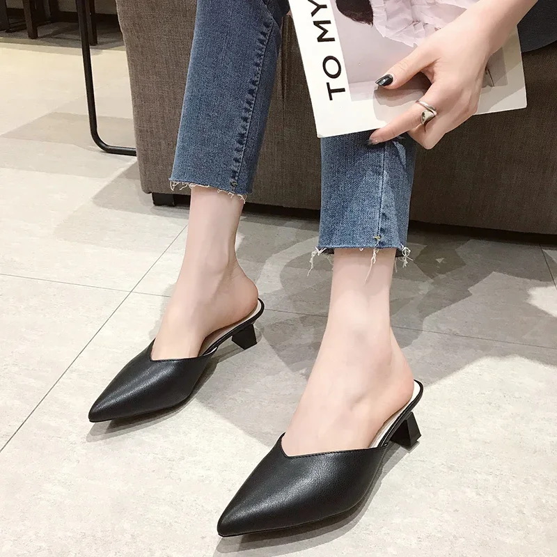 Thin Heels Pointed Toe Female Shoes Ladies\' Slippers Low Shallow Mules For Women Luxury Slides New Designer Fashion Bas