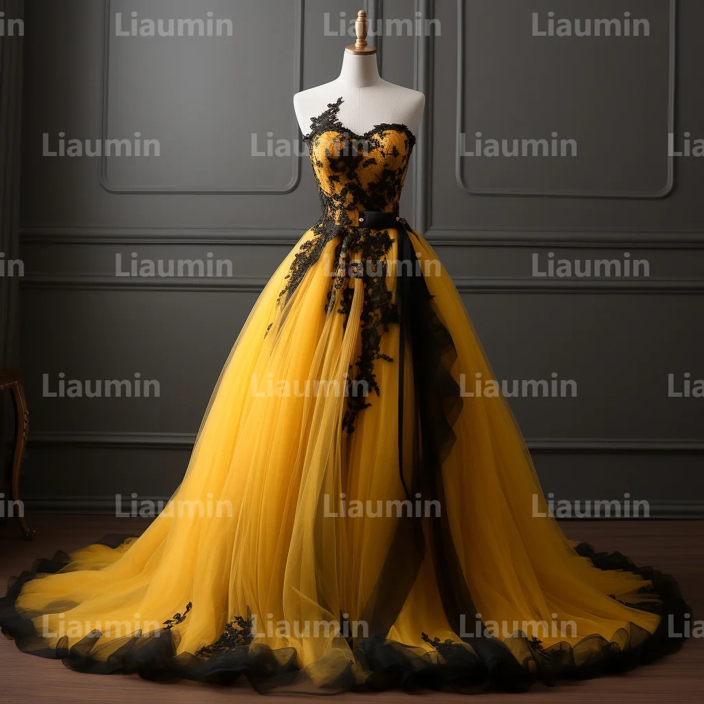 Yellow Tulle And Black Strapless Evening Dress Prom Gowns A Line Full Length Formal Brithday Party Clothing Lace Up Back A2-6