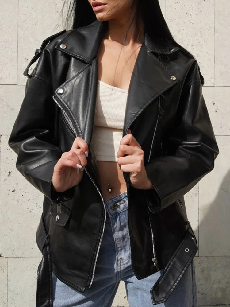 Ailegogo New Spring Autumn Women Loose Motorcycle Biker Black Pu Faux Leather Jacket Streetwear Female Belt Zipper Coat Outwear