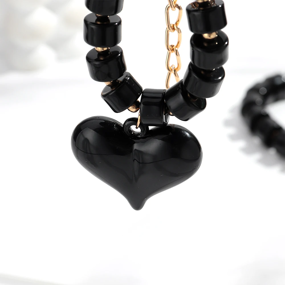 Gothic Acrylic Black Beaded Bracelets Necklace Set for Women Fashion Heart Pendant Choker Necklaces 2025 New Jewelry