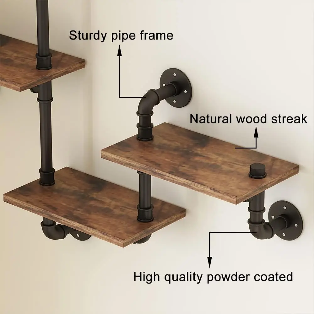 Industrial Floating Pipe Wall Mounted Shelves Rustic Modern Wood Shelving Bookcase 4 Layer Ladder Hanging Bookshelf