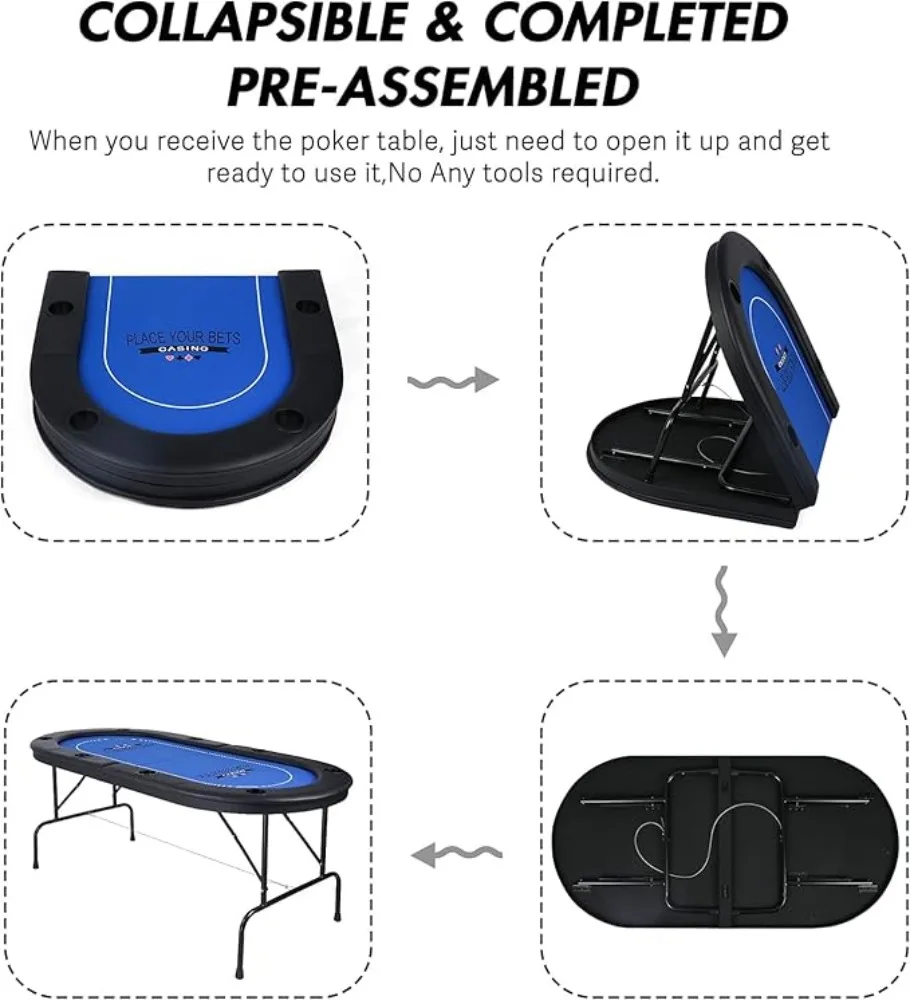 طاولة بوكر لـ 10 لاعبين، طاولة بوكر تكساس هولدم قابلة للطي مقاس 84 بوصة مع حاملات أكواب من الفولاذ المقاوم للصدأ وقضبان مبطنة، كازينو ليسو