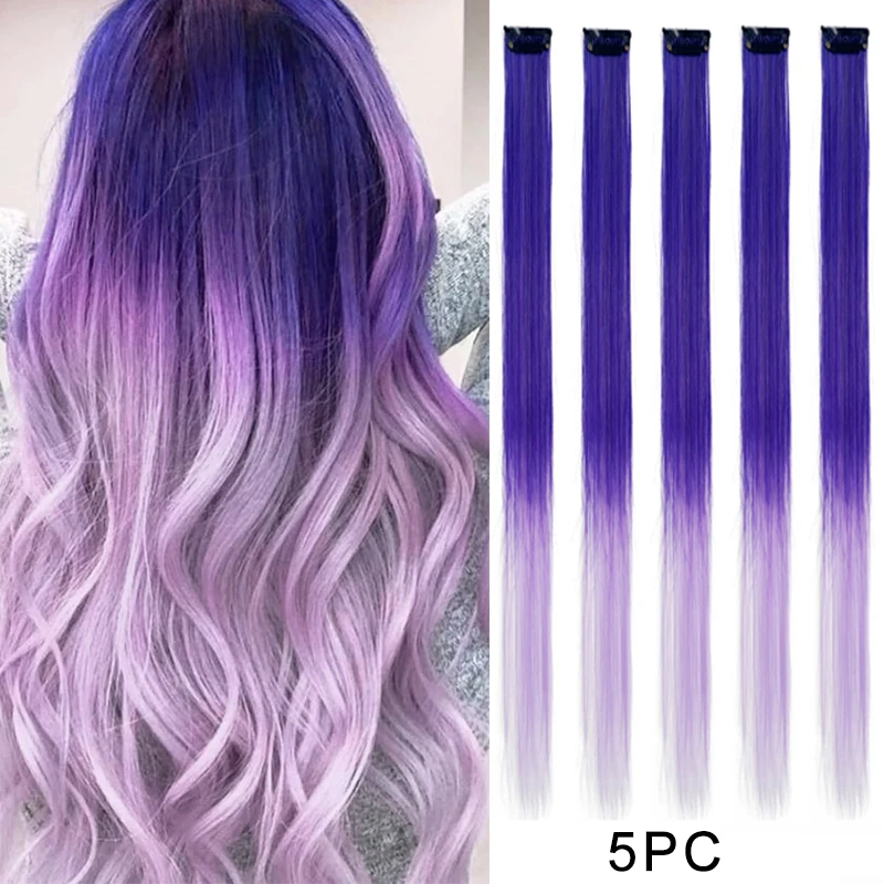 Arco-íris colorido extensões de cabelo para mulheres, 22 Polegada, sintético, reto, destaque, cor ombre, clip in, postiços falsos, resistente ao calor