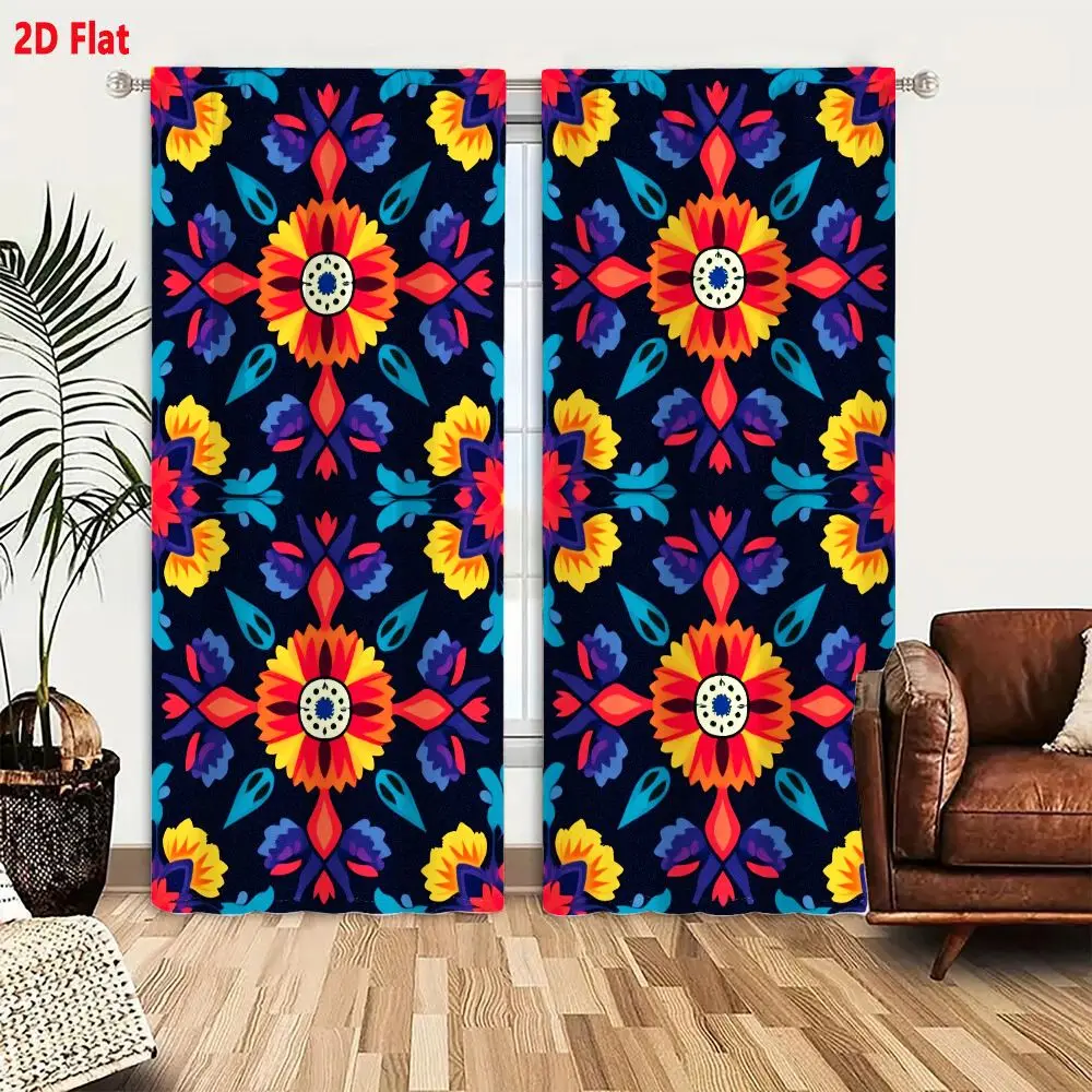 2Pcs Curtains 2D Flat Vibrant Navy Blue Floral Kaleidoscope Pattern With Yellow Orange Red Teal And Purple Geometric Motifs Wind