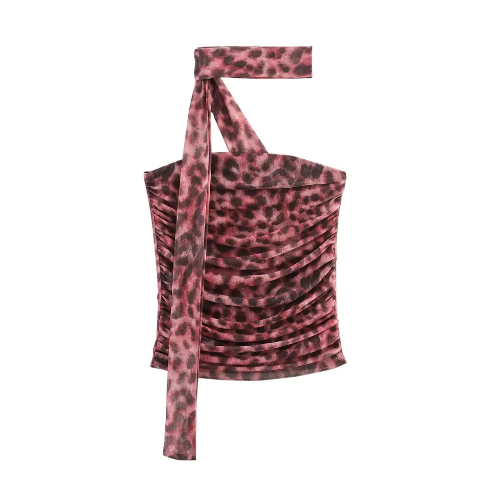 

BSK&TRAF2025animal print tight tube top hot girl halter neck vest off-shoulder top summer new women's clothing