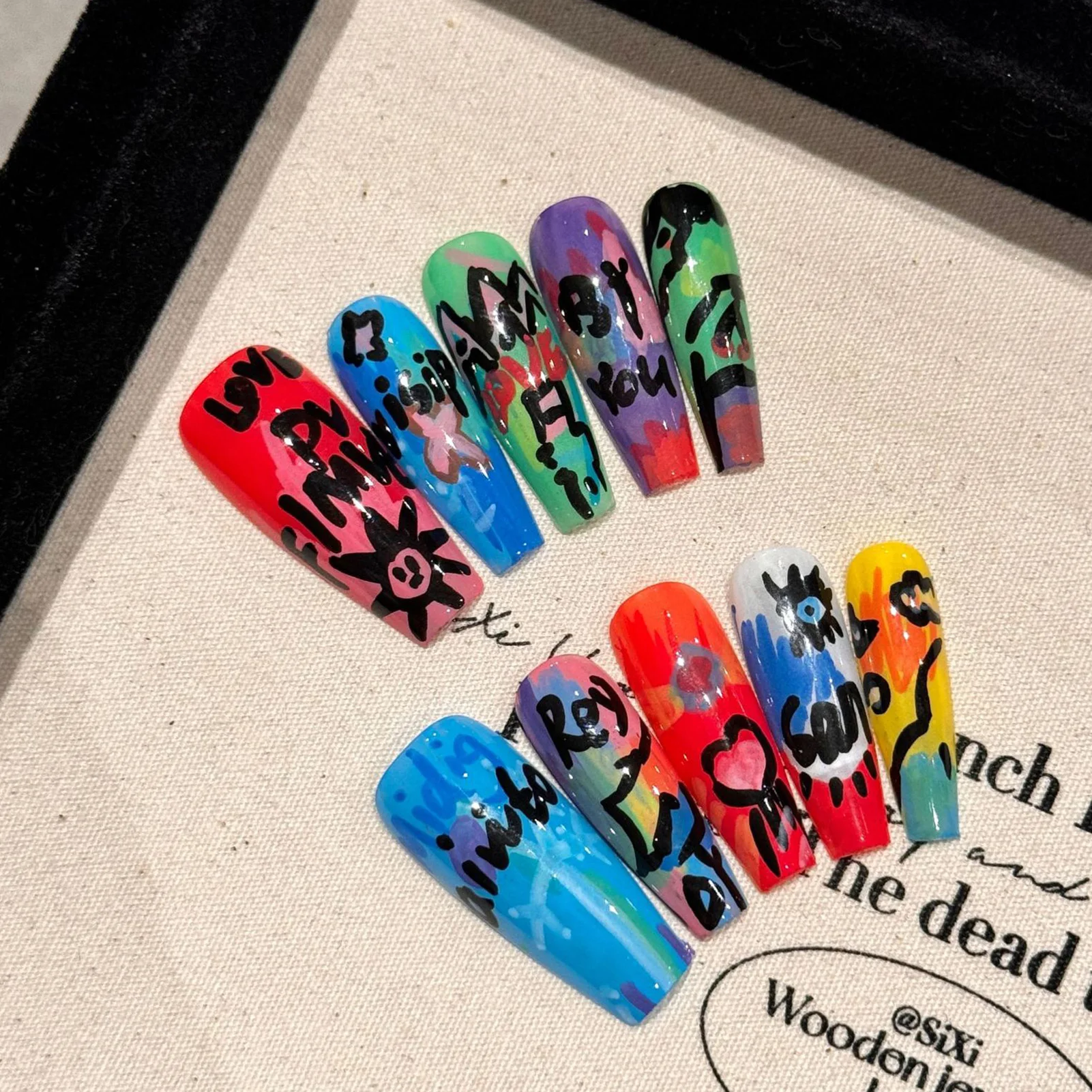 Handmade Press On Nails Long Coffin Hand Painted Graffiti Design Fake Nail Patches Colorful Detachable False Nail Tips For Party