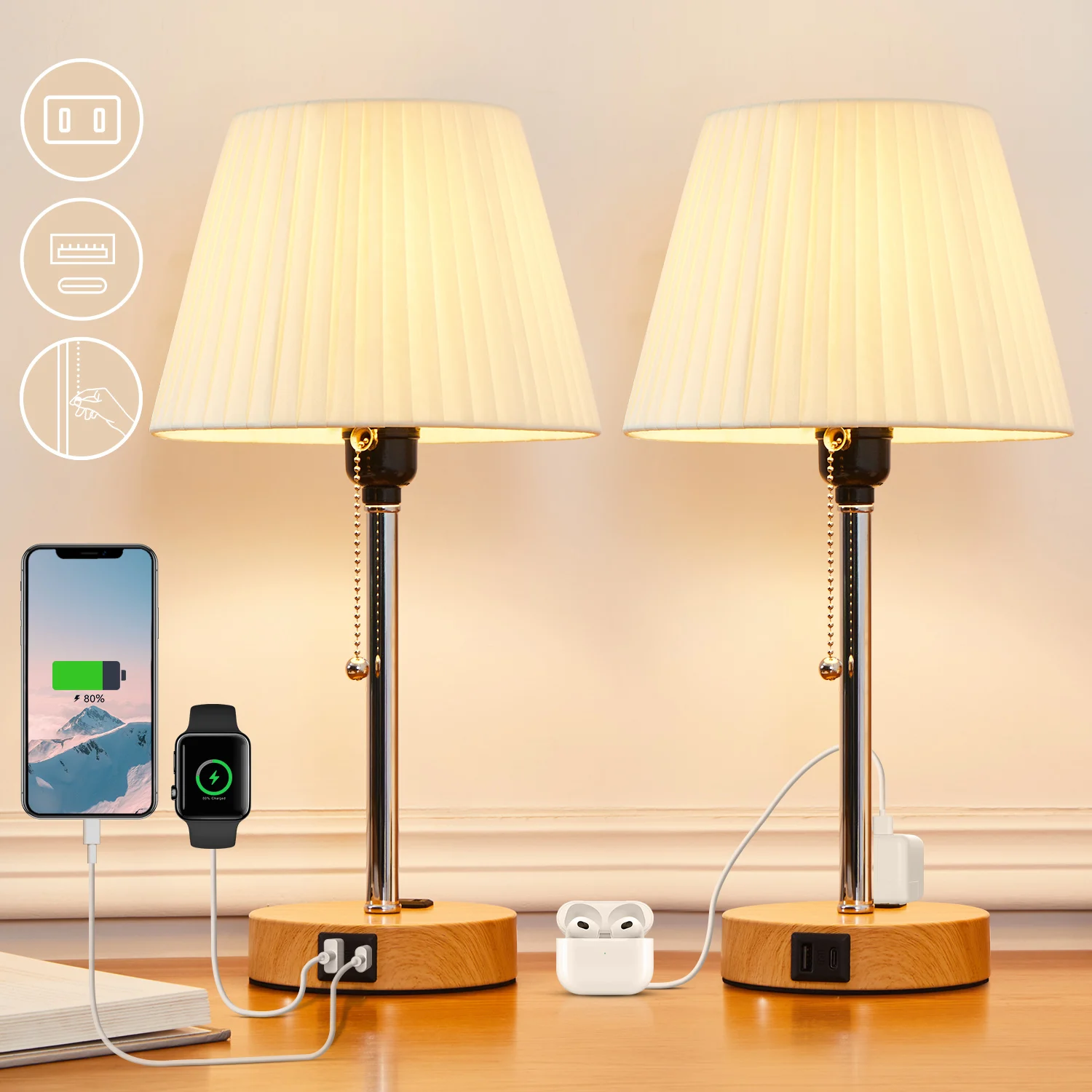 

Led Desk Lamp Pull Chain Bedside Table Lamp with USB C Charging Ports (5V/2.1A)) Small Bedside Lamps Shade for Living Room Desk
