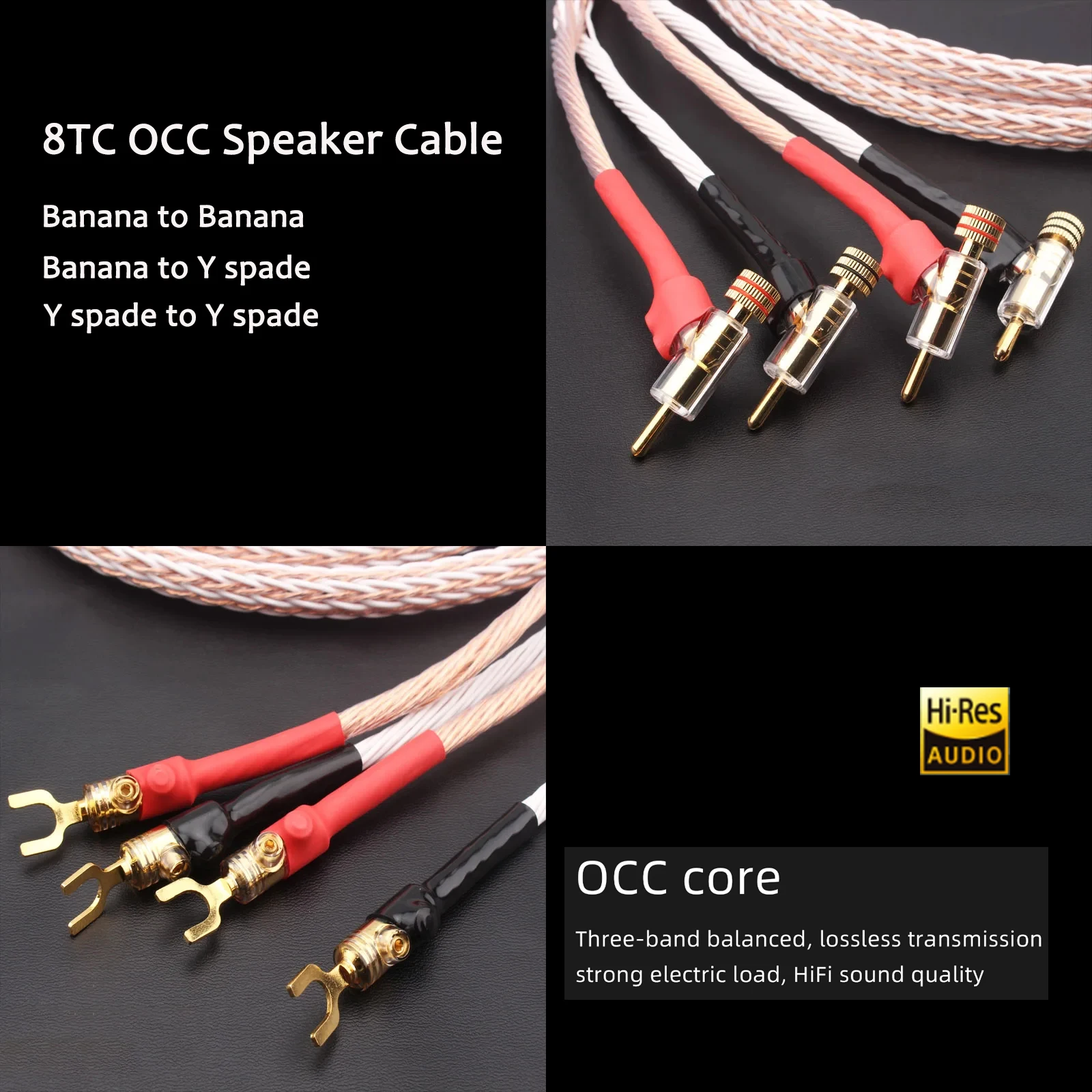 Para kabli głośnikowych Hifi 8TC OCC Wire Self Locking Gold Banana Plug, Y Spade Jack, Hi-end Speaker Wire Amplifier Player