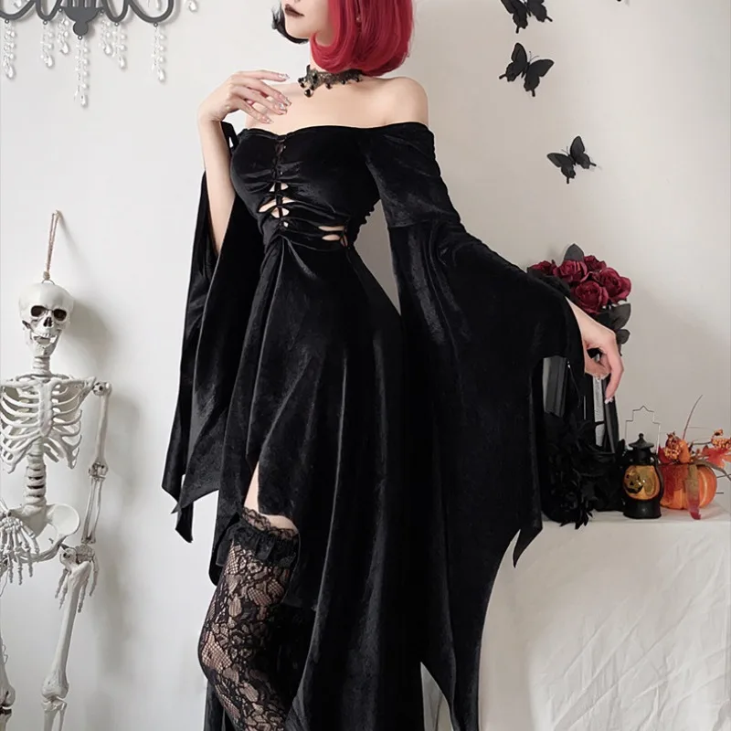 Abito gotico da donna Halloween Carnival Cosplay Vampire Witch Dress abito con maniche a pipistrello stile europeo e americano scuro Sexy Hot