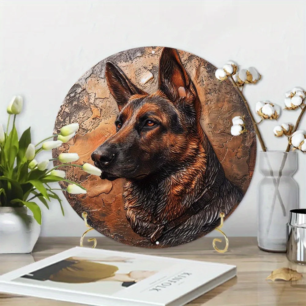 Spring Aluminum Sign Faux Embossing Painted Round Wreath Dormitory Decoration Fathers Gifts German Shepherds Themed Decoration