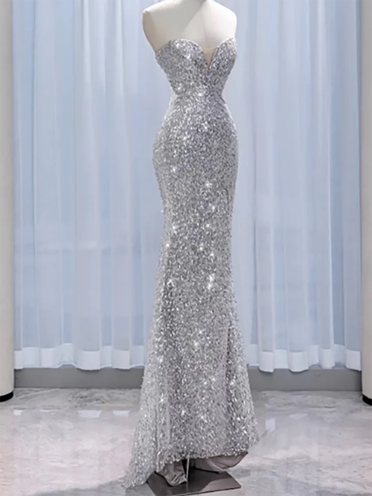 Luxury Sequined Sleeveless Feather Beading Mermaid Evening Dresses Birthday Party Prom Gowns Customized