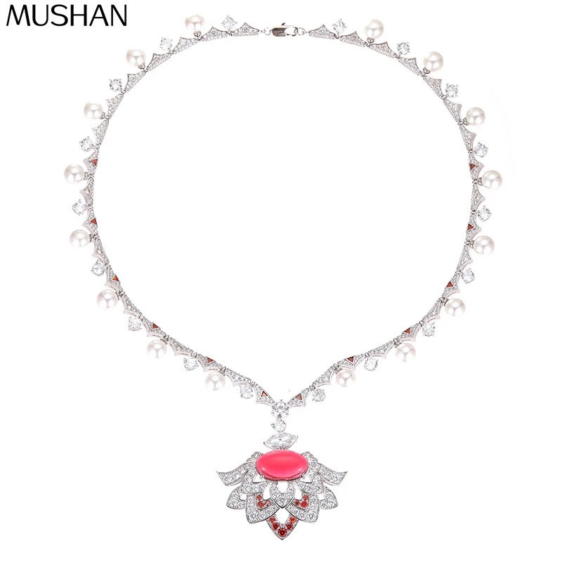 

MS Luxury Jewelry New Flower Pearl Necklace Micro Inlay 925 Silver Elegant Temperament Socialite Lady Red Agate Evening Chain