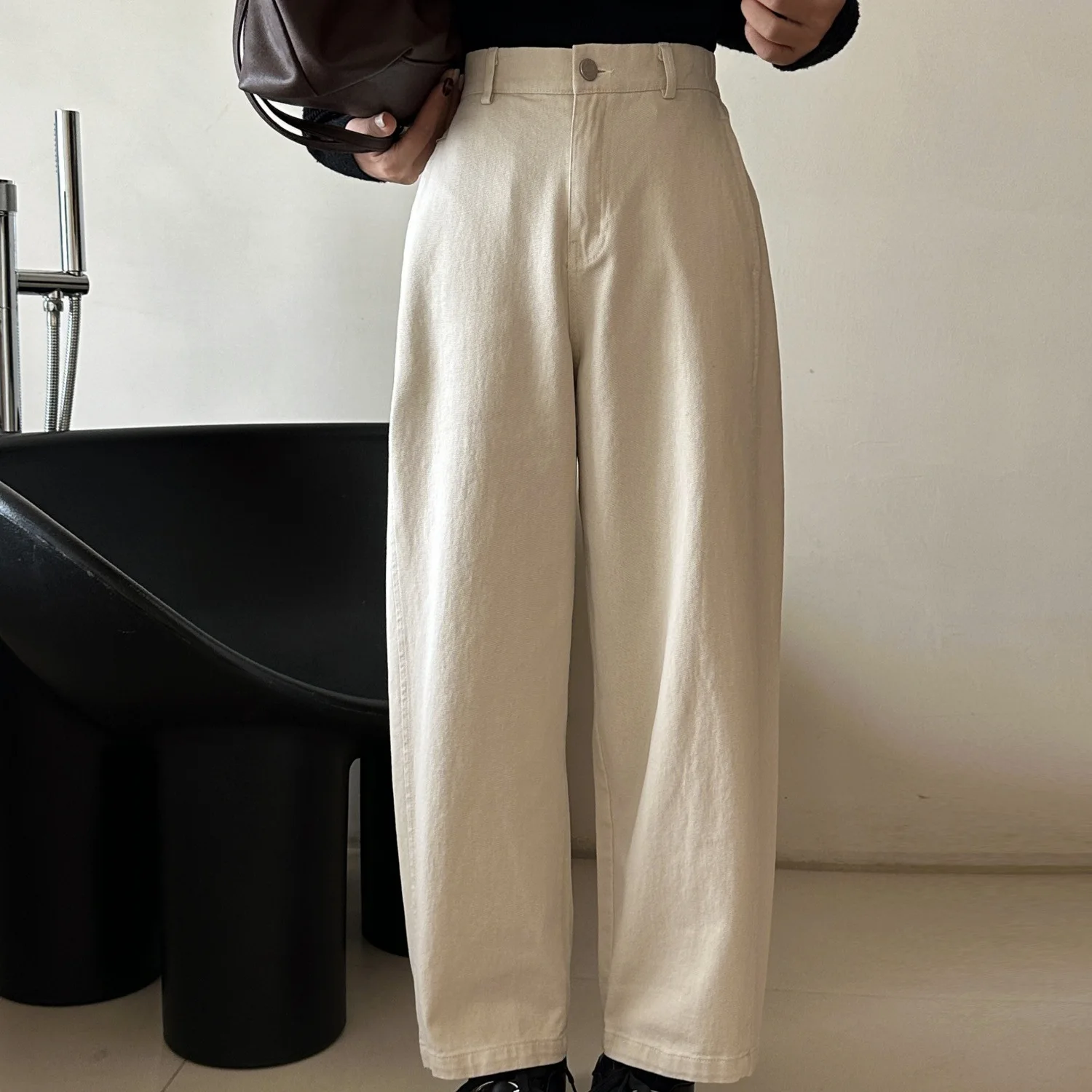 High Waist Wide Leg Cotton Casual Pants Women's Vintage Washed Processed Nine Points Jeans Loose Fit Comfortable Trousers