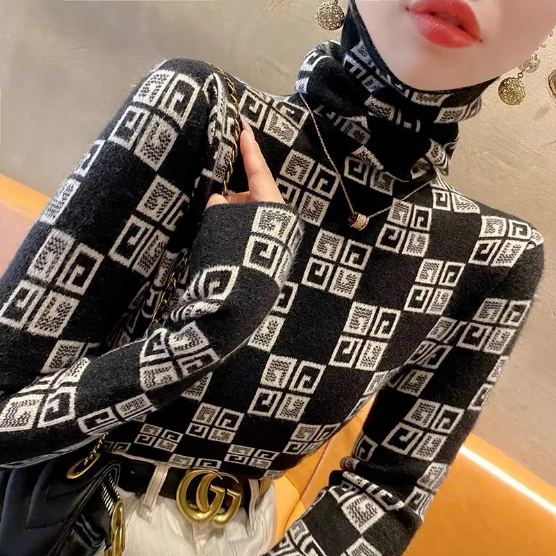 Women Turtleneck Vintage Jacquard Slim Sweaters Early Spring Fashion Chic Casual Soft Knitted Pullovers Y2k Knitwear