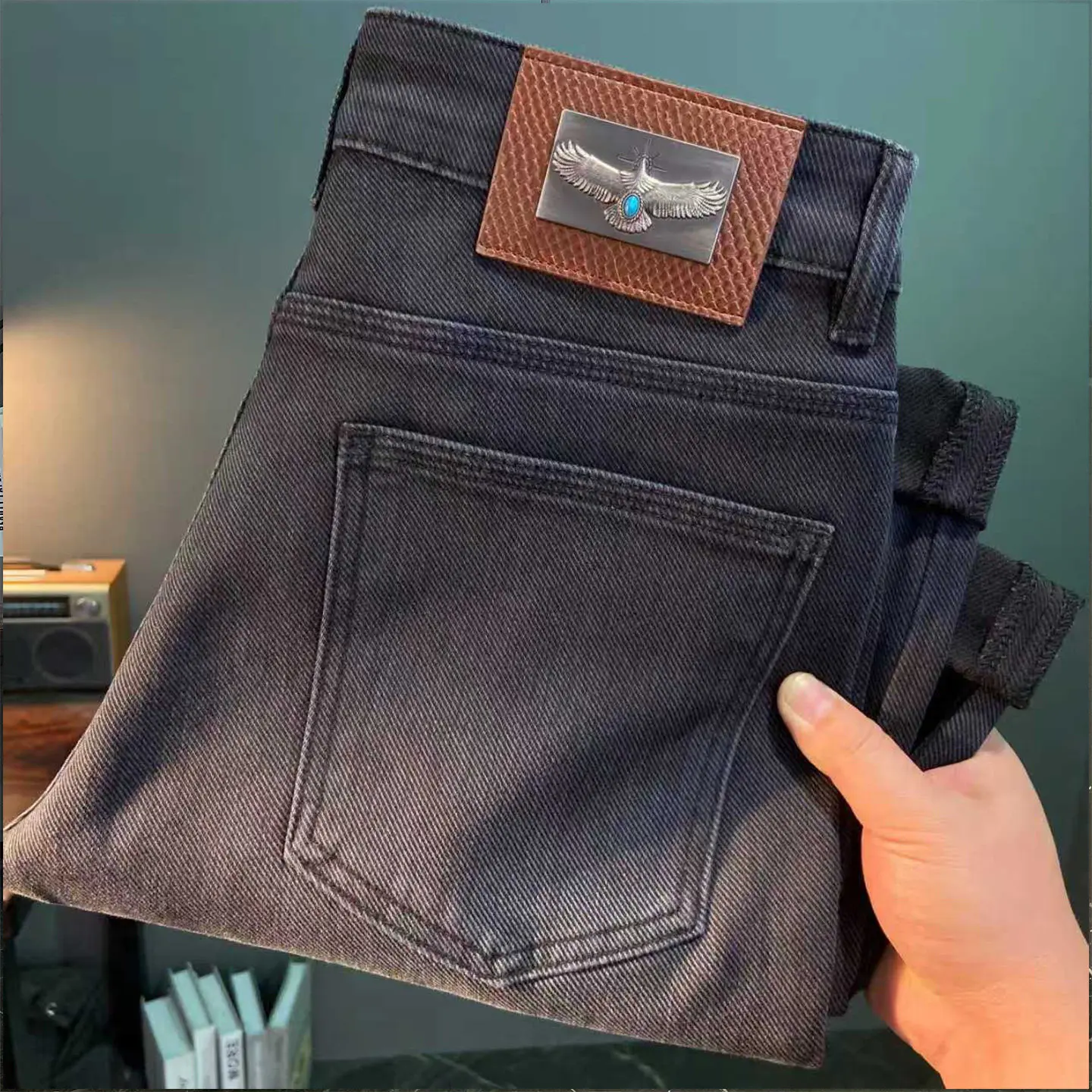 

American Retro Casual Denim Jeans for Men 2026 Spring Autumn Blackgrey Washed Stretch Tapered Slim Fit Cropped Pants Amekaji