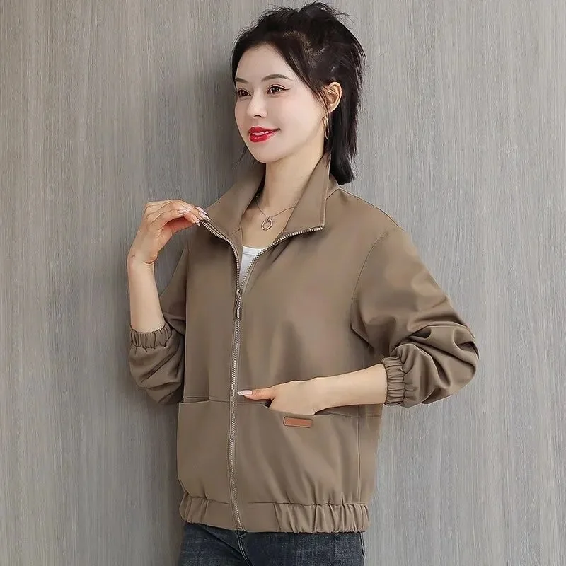 Lady Windbreaker Stand-up Collar Zipper Outerwear Khaki Double-deck Have Lining Short Jacket Women Spring Autumn Thin Top Coat