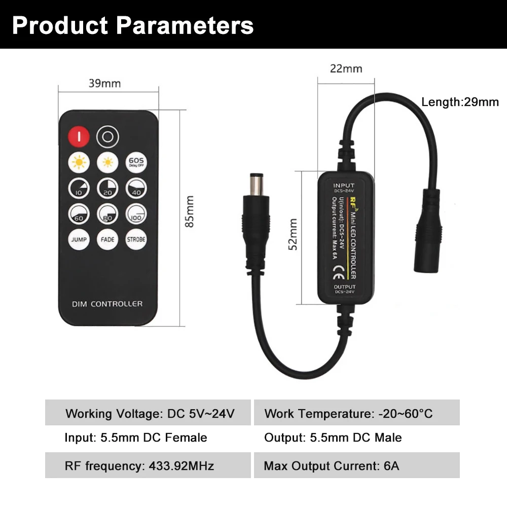 DC5-24V 6A LED Dimmer Wireless RF Remote Control 14 Keys for 5050/2835/COB LED Strip Light Mini PWM Dimming Switch Adjustable