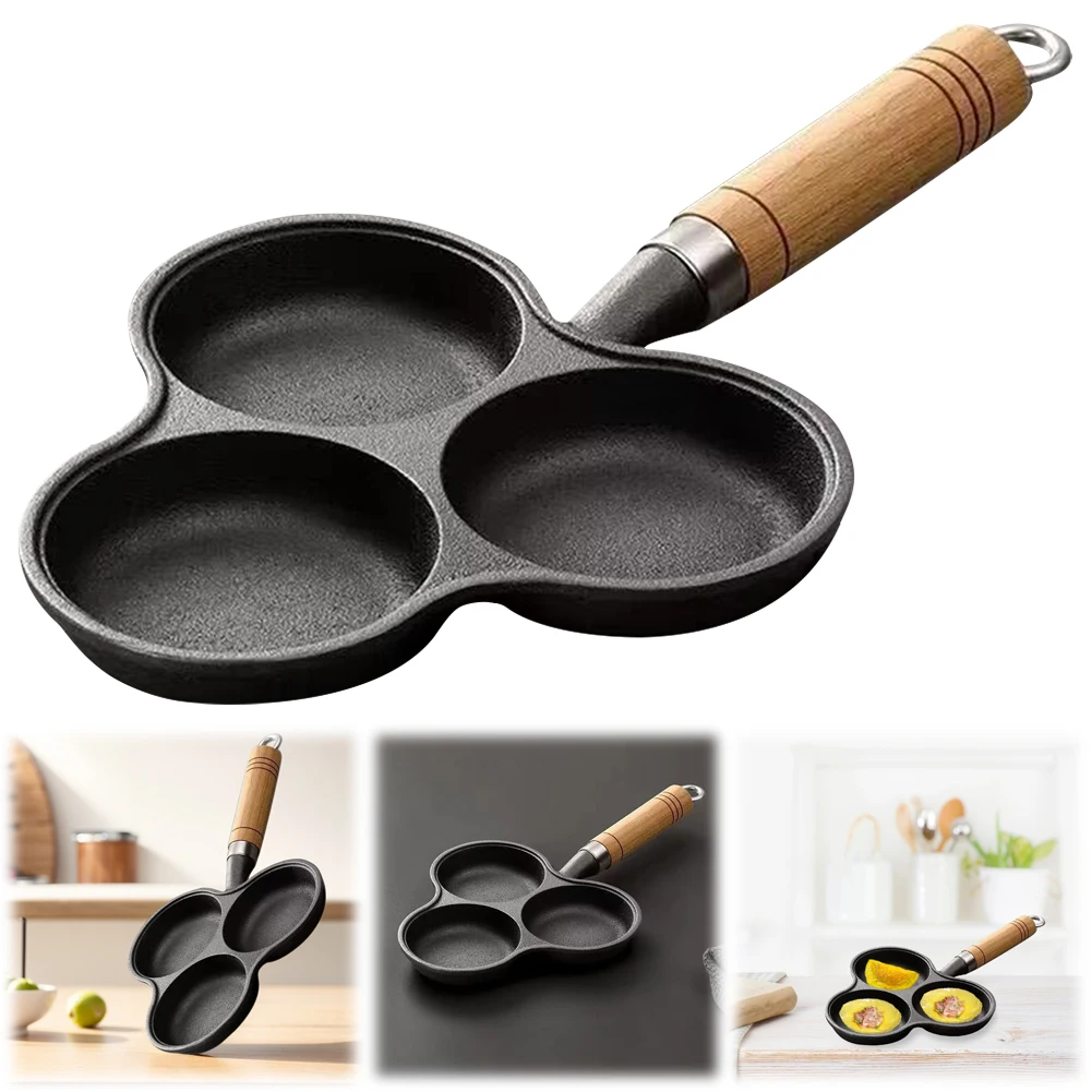 Sartén antiadherente para tortillas de hierro fundido, 3 agujeros, parrilla de desayuno, olla de cocina, sartén para huevos, sartén para tortitas