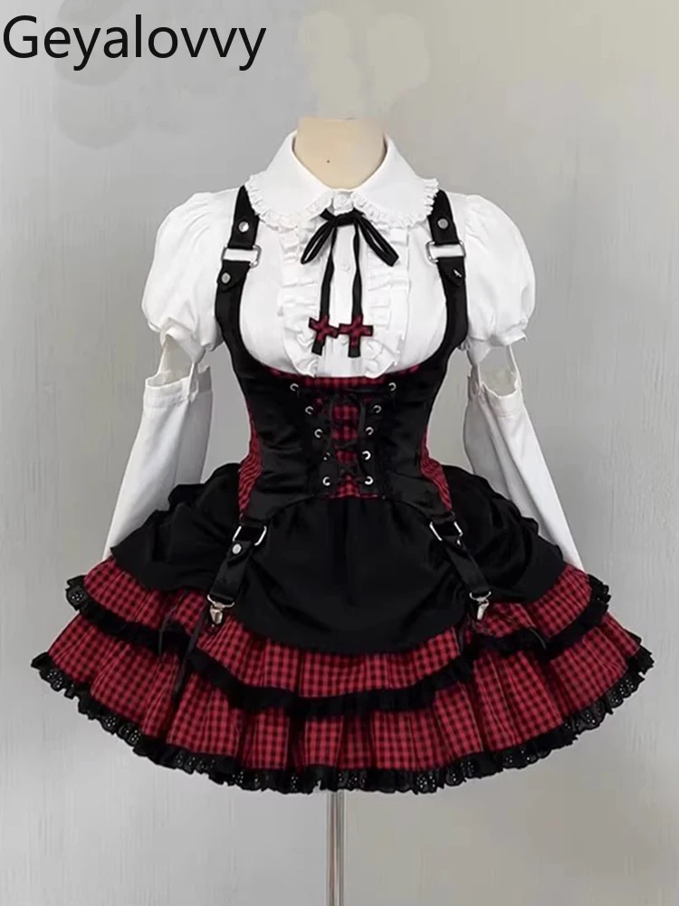 

Black and Red Color Block Rock Girl Sweet and Spicy Lolita Set White Shirt Vest and High Waist Short Skirt Accessories Suit