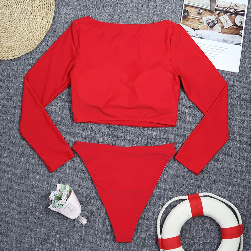 TYAKKVE 2024 New Sexy Solid Bikini Women Swimsuit Sport Long Sleeve Crop Top High Waist Tankini Swimwear Two Piece Bikini Set