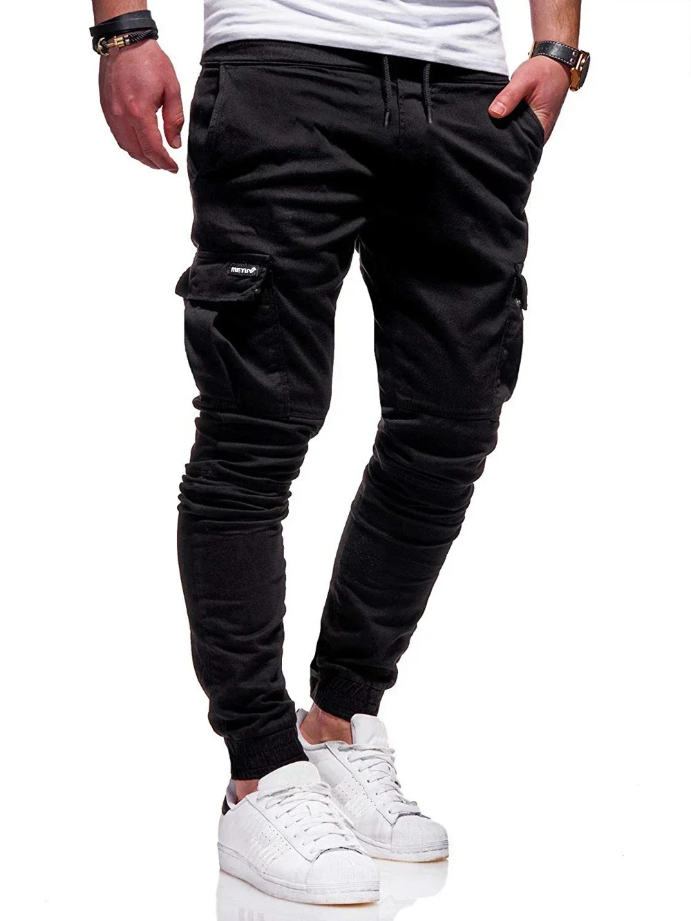 Mens Cotton Hip Hop Cargo Pants Grey Joggers Streetwear Casual Sport Trousers Training Workout Fitness Pockets Pant