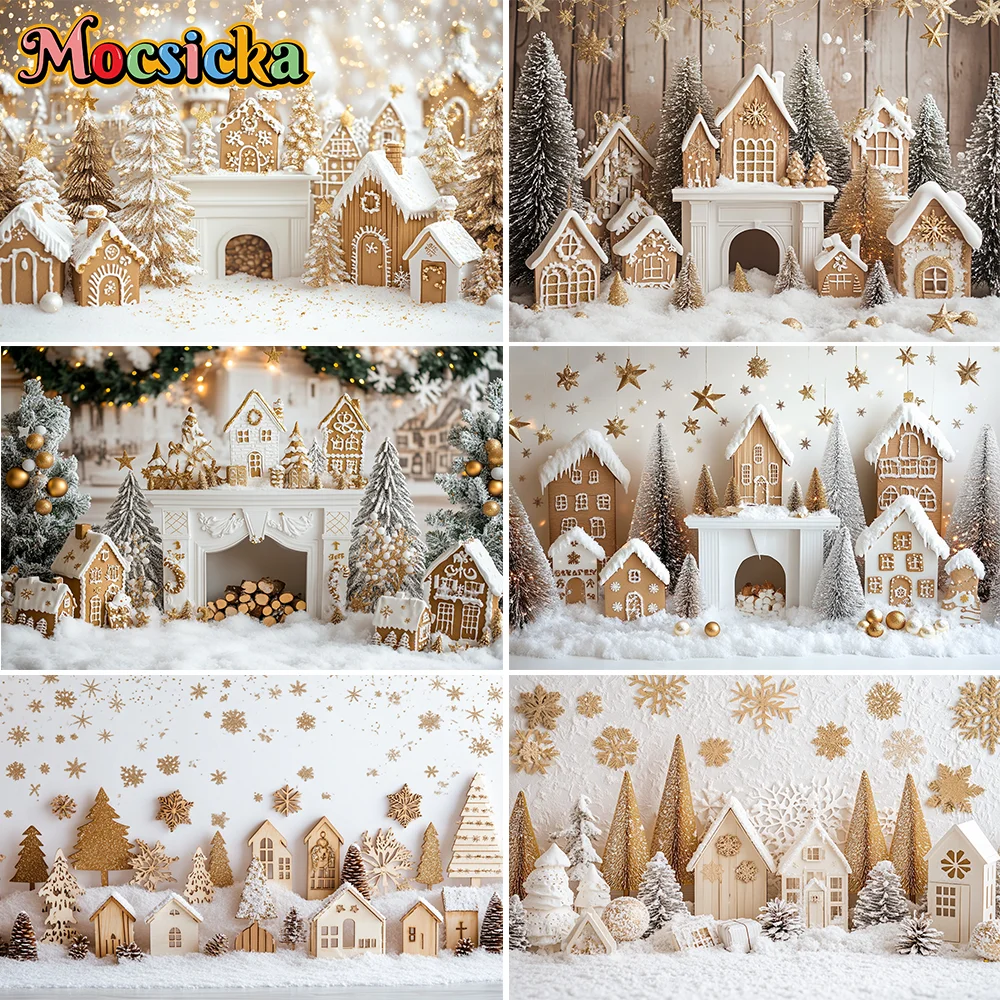 

White Christmas Town Background Photography Snowy Houses Xmas Tree Frozen Backdrop Kids Winter Cake Smash Photo Studio