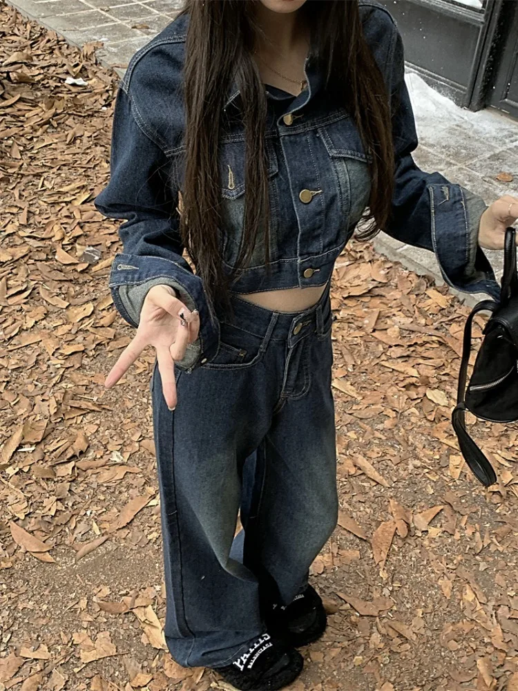 Vintage denim suit women\'s short coat top + Jeans wide leg pants 2023 spring autumn new fashion two-piece set
