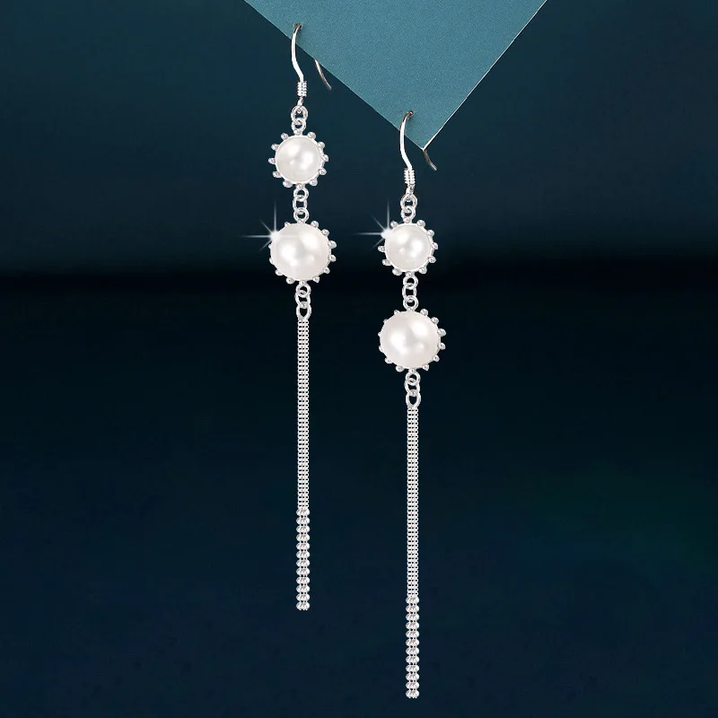 Sterling Silver Earrings Women's Crystal Zircon Round Pearl Tassel Earhook Sweet Romantic Fashion Jewelry Couple Gift