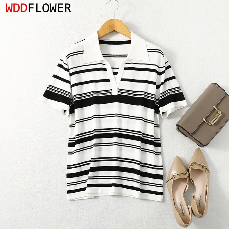 Women Knit Top 70% Mulberry Silk 30% Cotton Striped V Neck Short Sleeve Stripes T-Shirt Sweater Pullover L XL XXL LY042