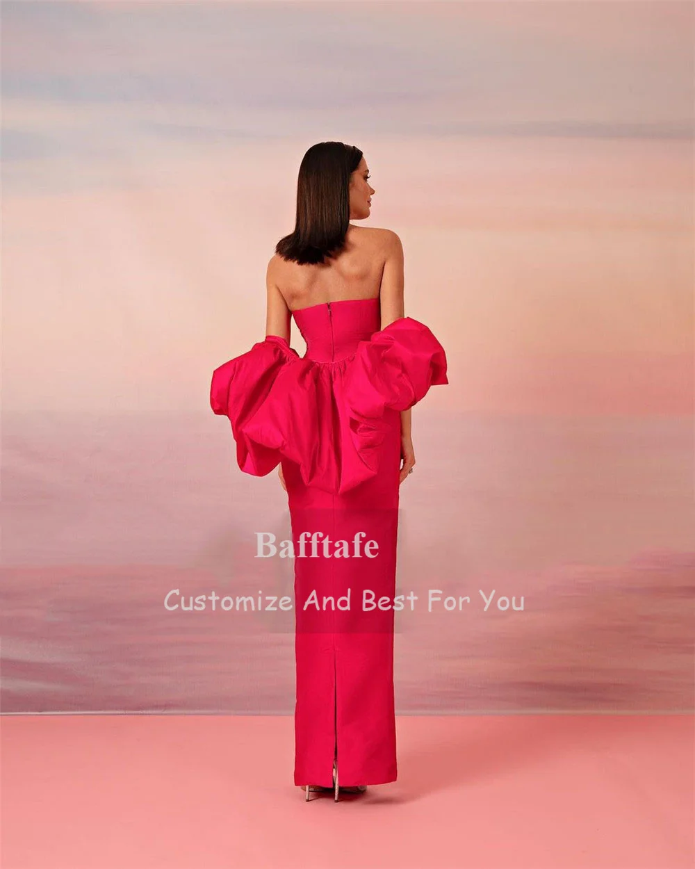 Bafftafe 2 Pieces Red Satin Party Dresses With Wrap Beaded Women Mermaid Formal Evening Gowns Special Wedding Bridesmaid Dress