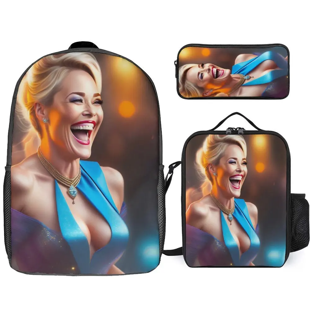 3 in 1 Set 17 Inch Backpack Lunch Bag Pen Bag Sharon Stone Laughing For Sale Durable Premium Comfortable Schools Lunch Tote