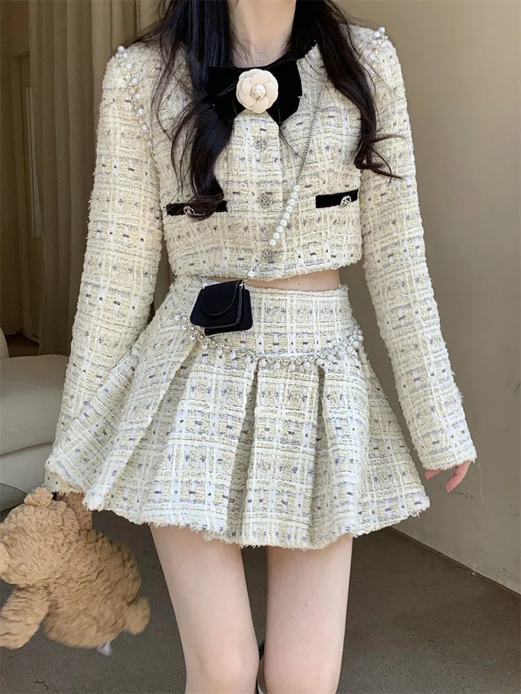 

2 Piece Dress Sets Women 2024 Autumn Office Lady Elegant Crop Jacket Coats + Mini Skirt Causal Chic Korean Fashion Blazers Suits