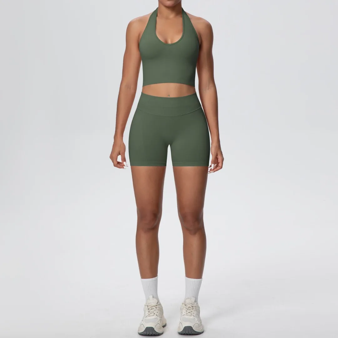 

High Waist Hip Lift Yoga Set Sports Fitness Breathable Backless Halter Neck Sports Vest Running Workout Clothes Gym Yoga Suit