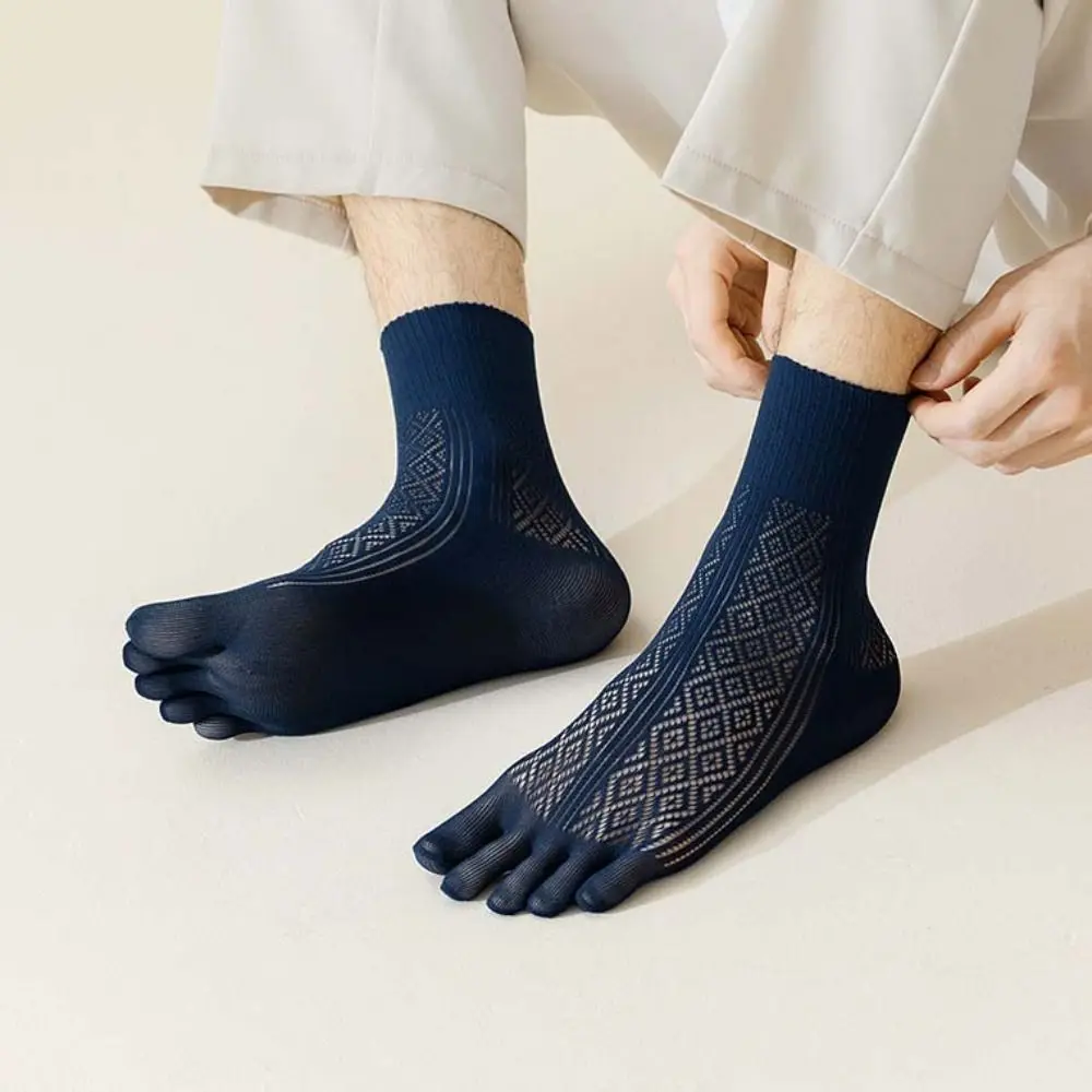 5Pairs Mesh Thin Five Finger Socks Men Anti-Odor Check Male Five Toe Socks Hosiery Breathable Mid-calf Stockings